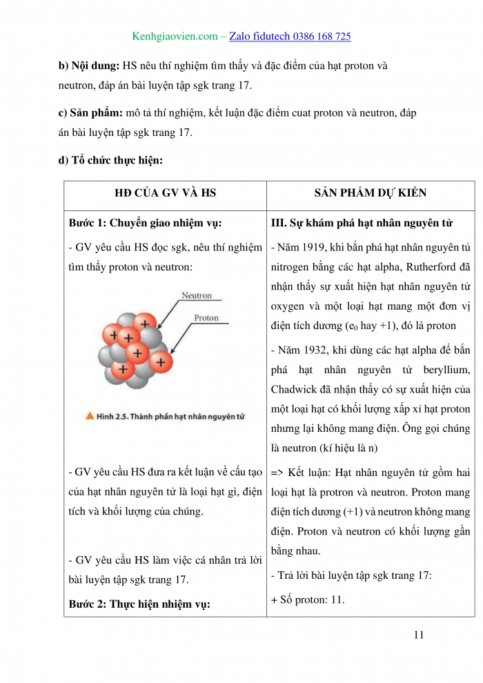 Giáo án và PPT Hoá học 10 chân trời Bài 2: Thành phần của nguyên tử