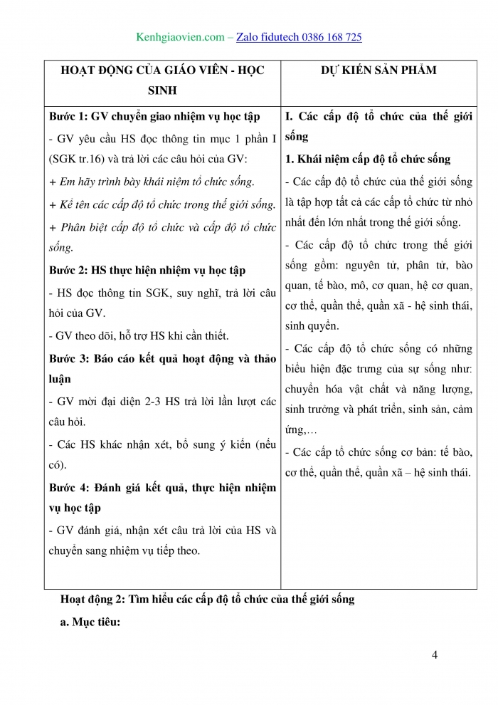 Giáo án và PPT Sinh học 10 chân trời Bài 3: Các cấp độ tổ chức của thế giới sống