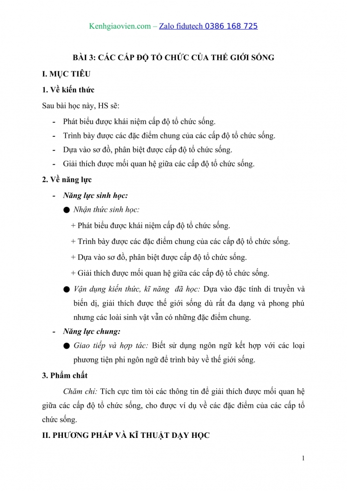 Giáo án và PPT Sinh học 10 kết nối Bài 3: Các cấp độ tổ chức của thế giới sống