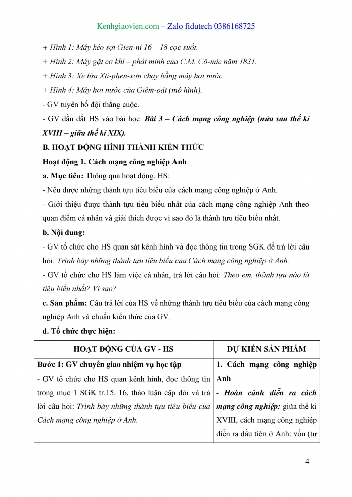 Giáo án và PPT Lịch sử 8 kết nối Bài 3: Cách mạng công nghiệp (nửa sau thế kỉ XVIII – giữa thế kỉ XIX)