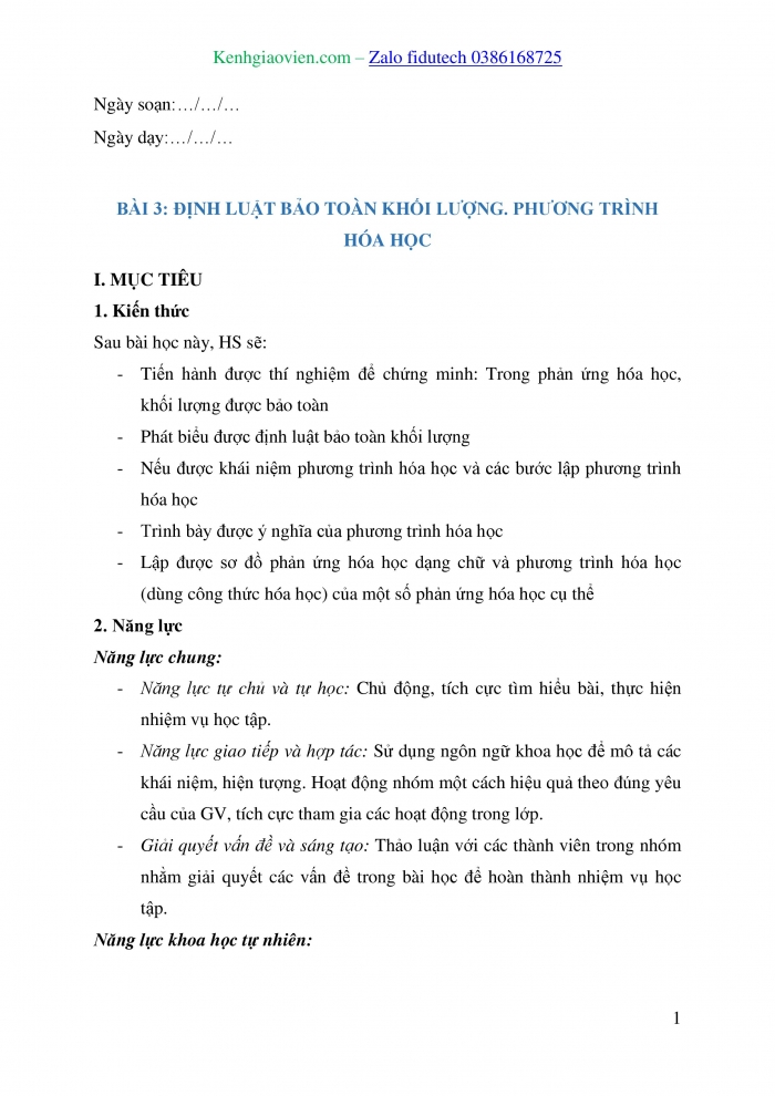 Giáo án và PPT KHTN 8 cánh diều Bài 3: Định luật bảo toàn khối lượng. Phương trình hoá học