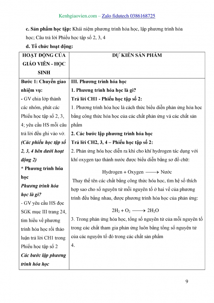 Giáo án và PPT KHTN 8 cánh diều Bài 3: Định luật bảo toàn khối lượng. Phương trình hoá học