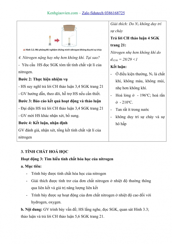 Giáo án và PPT Hoá học 11 chân trời Bài 3: Đơn chất nitrogen