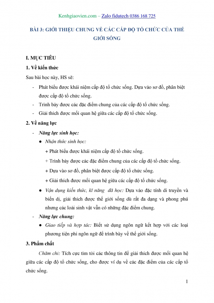 Giáo án và PPT Sinh học 10 cánh diều Bài 3: Giới thiệu chung về các cấp độ tổ chức của thế giới sống