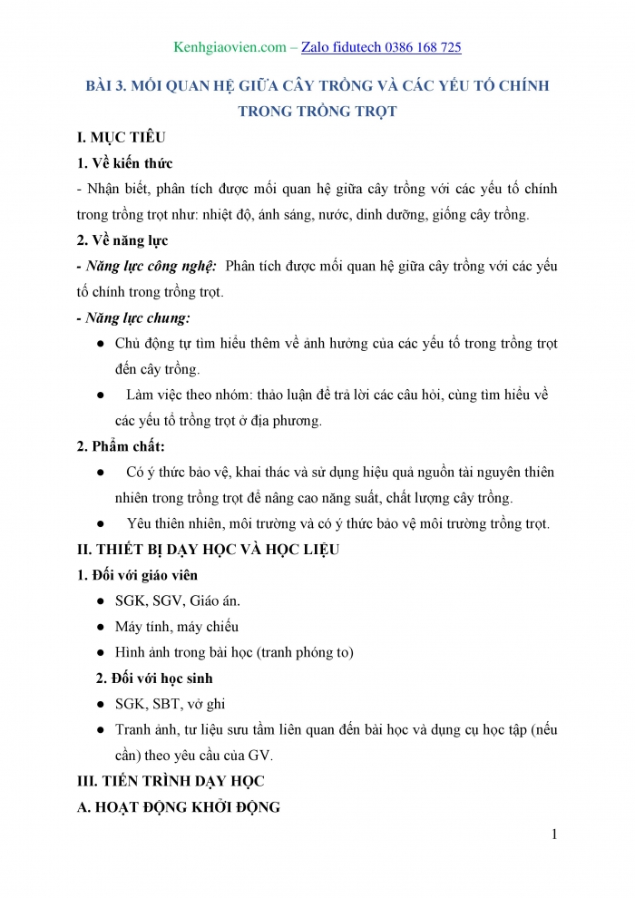 Giáo án và PPT Công nghệ trồng trọt 10 cánh diều Bài 3: Mối quan hệ giữa cây trồng và các yếu tố chính trong trồng trọt