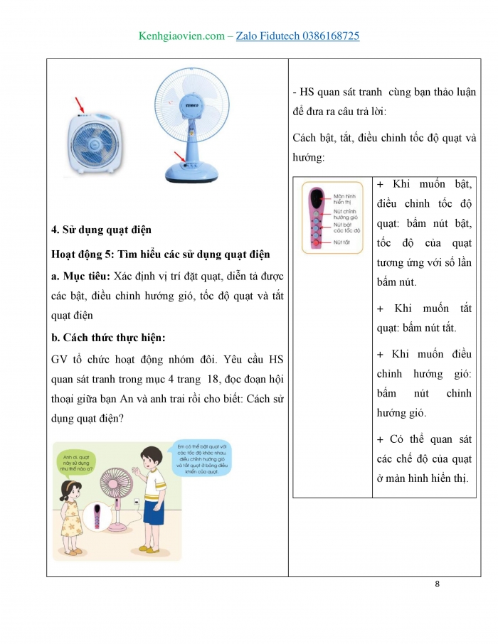 Giáo án và PPT Công nghệ 3 cánh diều Bài 3: Sử dụng quạt điện