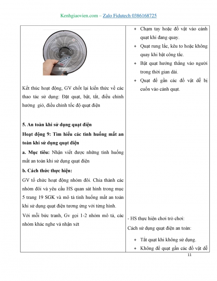 Giáo án và PPT Công nghệ 3 cánh diều Bài 3: Sử dụng quạt điện