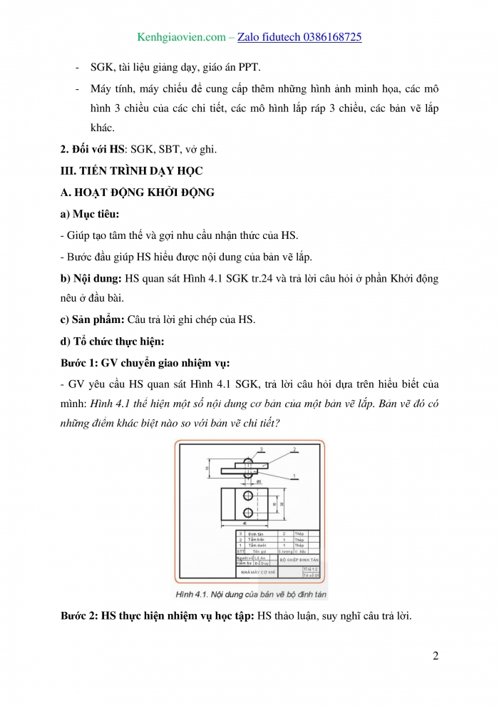 Giáo án và PPT Công nghệ 8 kết nối Bài 4: Bản vẽ lắp