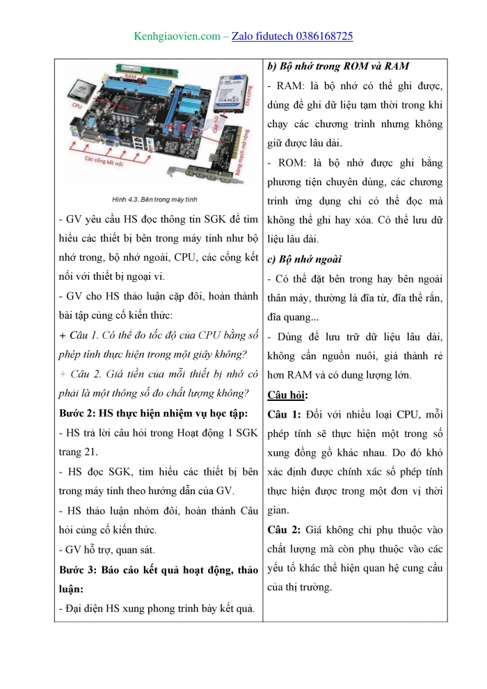 Giáo án và PPT Khoa học máy tính 11 kết nối Bài 4: Bên trong máy tính