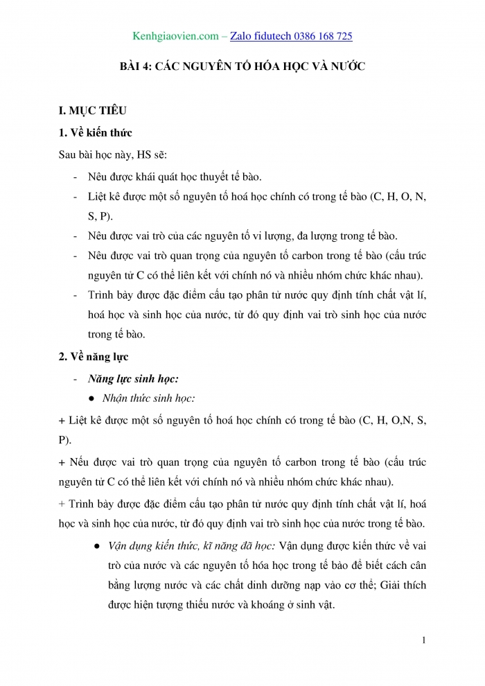 Giáo án và PPT Sinh học 10 kết nối Bài 4: Các nguyên tố hoá học và nước