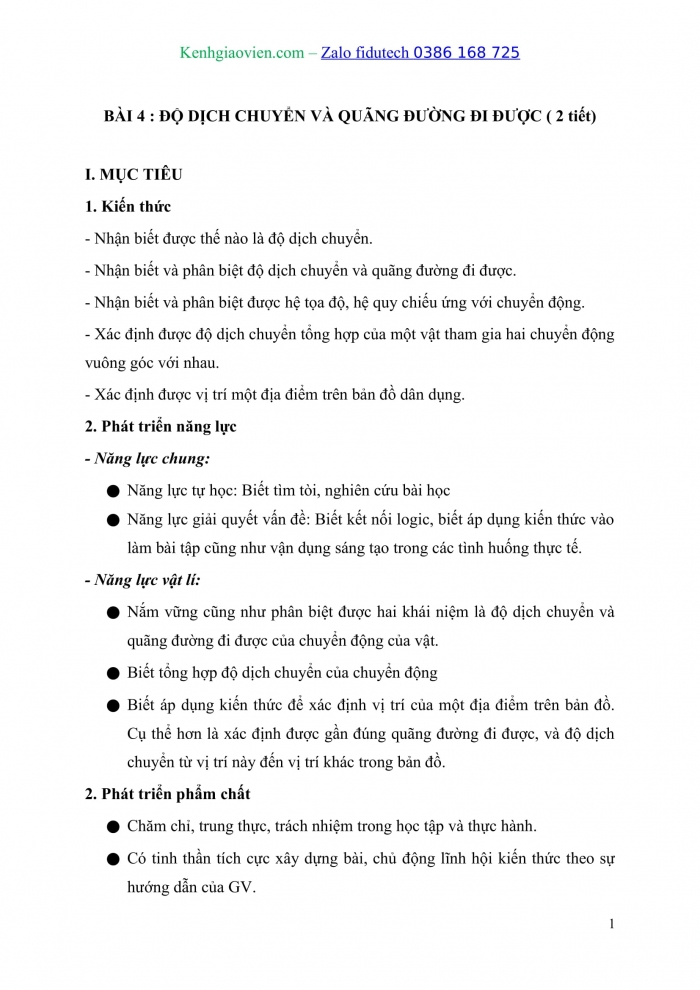 Giáo án và PPT Vật lí 10 kết nối Bài 4: Độ dịch chuyển và quãng đường đi được
