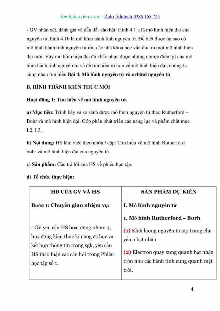 Giáo án và PPT Hoá học 10 cánh diều Bài 4: Mô hình nguyên tử và orbital nguyên tử
