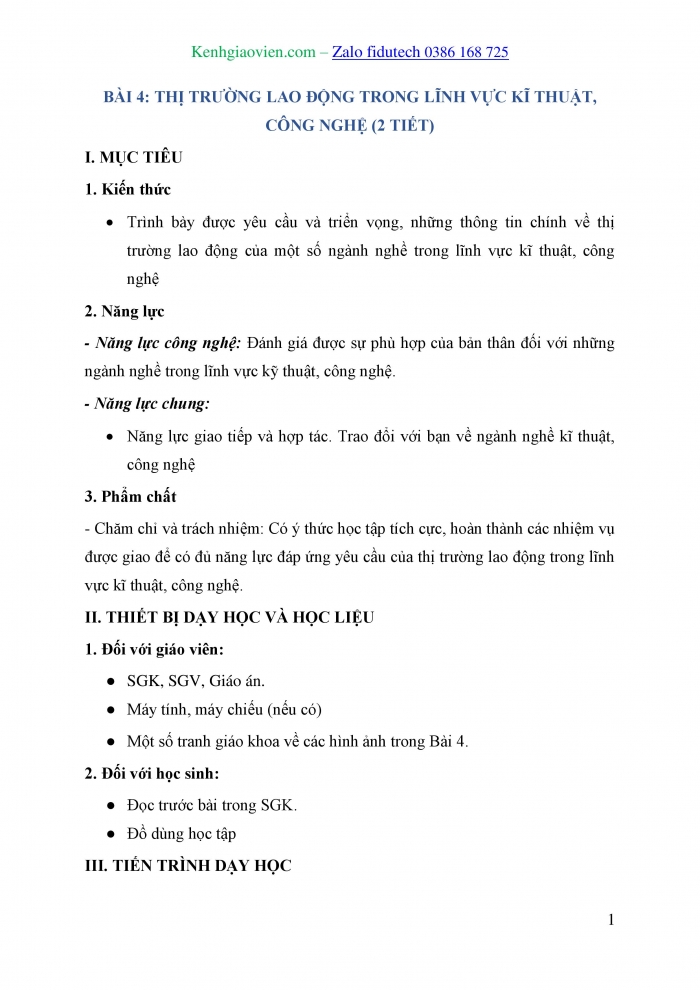 Giáo án và PPT Thiết kế và Công nghệ 10 cánh diều Bài 4: Thị trường lao động trong lĩnh vực kĩ thuật, công nghệ