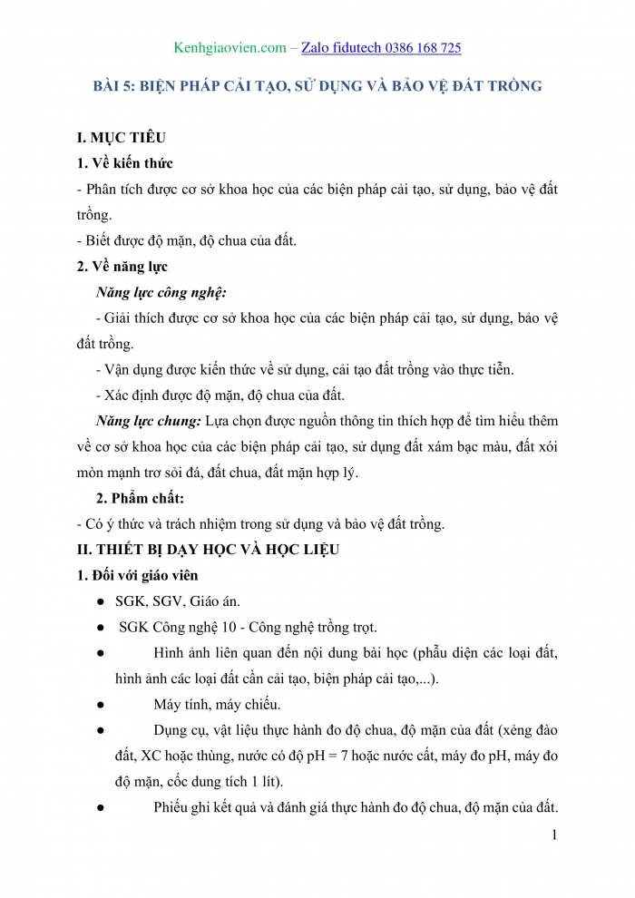 Giáo án và PPT Công nghệ trồng trọt 10 cánh diều Bài 5: Biện pháp cải tạo, sử dụng và bảo vệ đất trồng