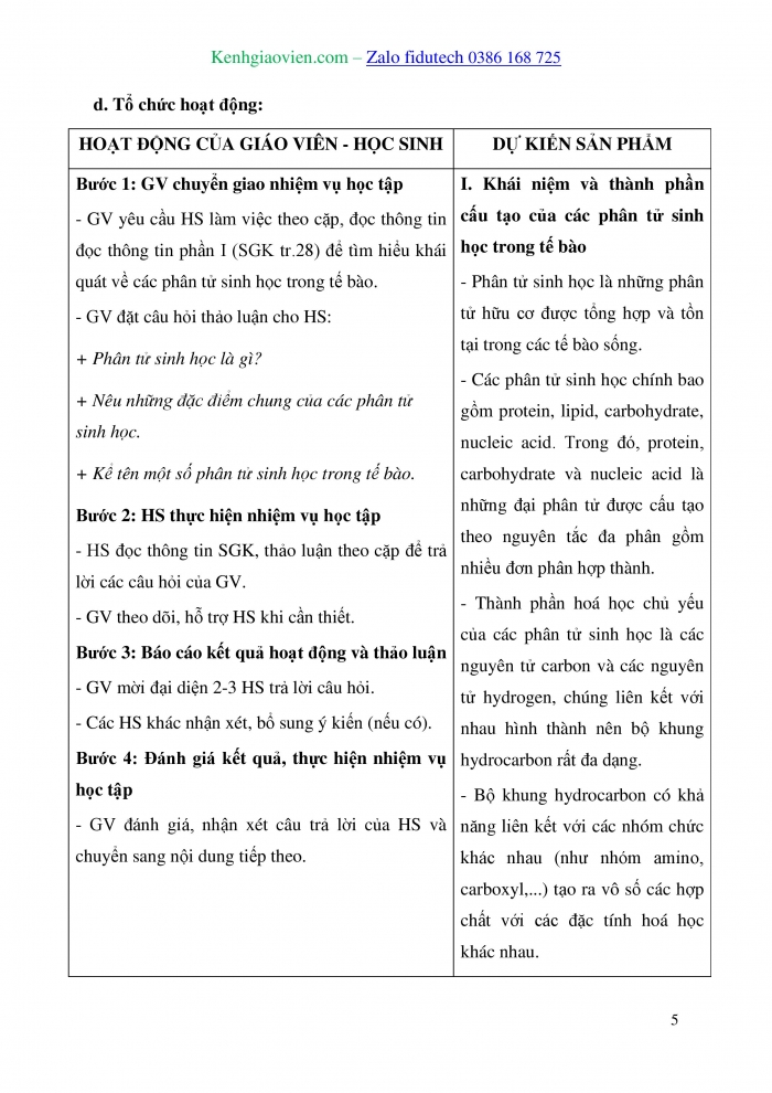 Giáo án và PPT Sinh học 10 kết nối Bài 5: Các phân tử sinh học