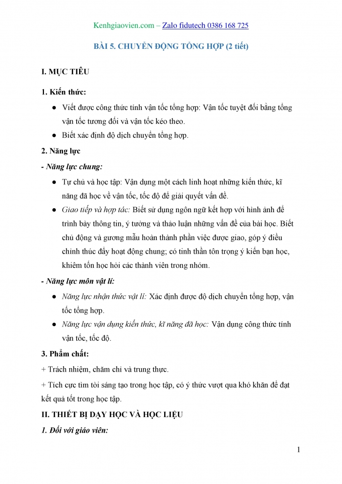 Giáo án và PPT Vật lí 10 chân trời Bài 5: Chuyển động tổng hợp