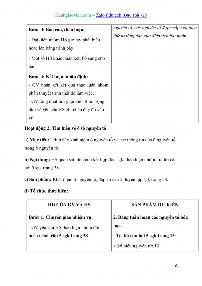 Giáo án và PPT Hoá học 10 chân trời Bài 5: Cấu tạo bảng tuần hoàn các nguyên tố hoá học