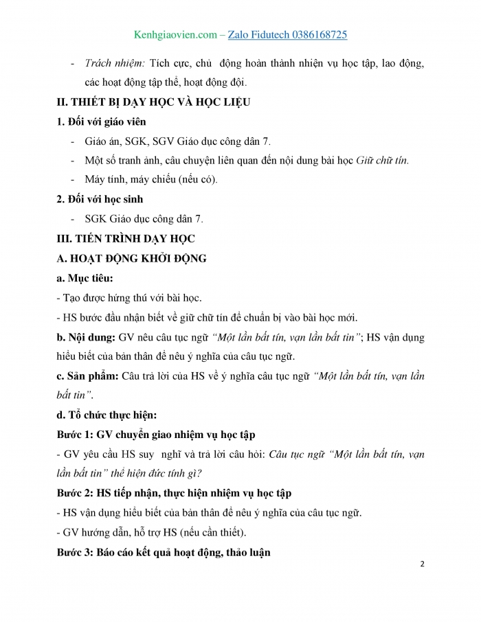 Giáo án và PPT Công dân 7 cánh diều Bài 5: Giữ chữ tín