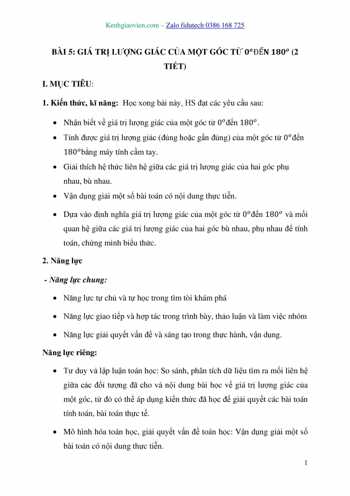 Giáo án và PPT Toán 10 kết nối Bài 5: Giá trị lượng giác của một góc từ 0° đến 180°