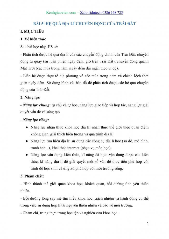 Giáo án và PPT Địa lí 10 kết nối Bài 5: Hệ quả địa lí các chuyển động của Trái Đất