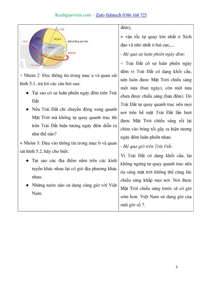 Giáo án và PPT Địa lí 10 kết nối Bài 5: Hệ quả địa lí các chuyển động của Trái Đất