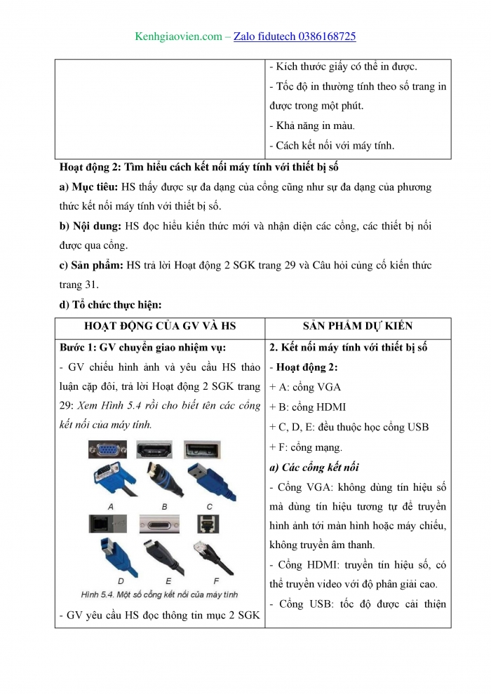 Giáo án và PPT Khoa học máy tính 11 kết nối Bài 5: Kết nối máy tính với các thiết bị số