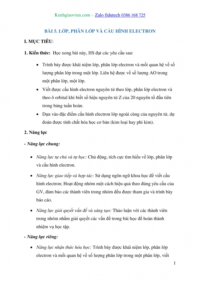 Giáo án và PPT Hoá học 10 cánh diều Bài 5: Lớp, phân lớp và cấu hình electron