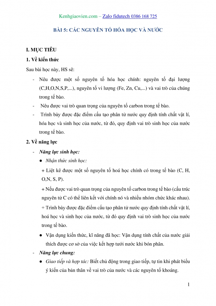 Giáo án và PPT Sinh học 10 cánh diều Bài 5: Các nguyên tố hoá học và nước