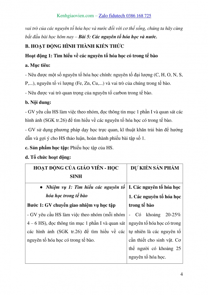 Giáo án và PPT Sinh học 10 cánh diều Bài 5: Các nguyên tố hoá học và nước