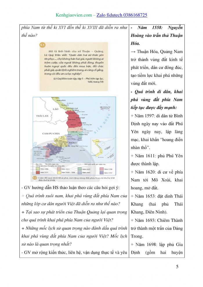 Giáo án và PPT Lịch sử 8 chân trời Bài 5: Quá trình khai phá vùng đất phía Nam từ thế kỉ XVI đến thế kỉ XVIII