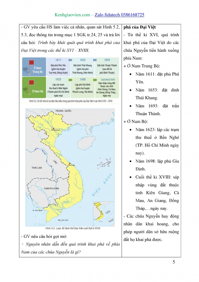 Giáo án và PPT Lịch sử 8 cánh diều Bài 5: Quá trình khai phá của Đại Việt trong các thế kỉ XVI - XVIII