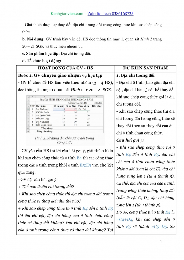 Giáo án và PPT Tin học 8 chân trời Bài 5: Sử dụng địa chỉ tương đối, tuyệt đối trong công thức