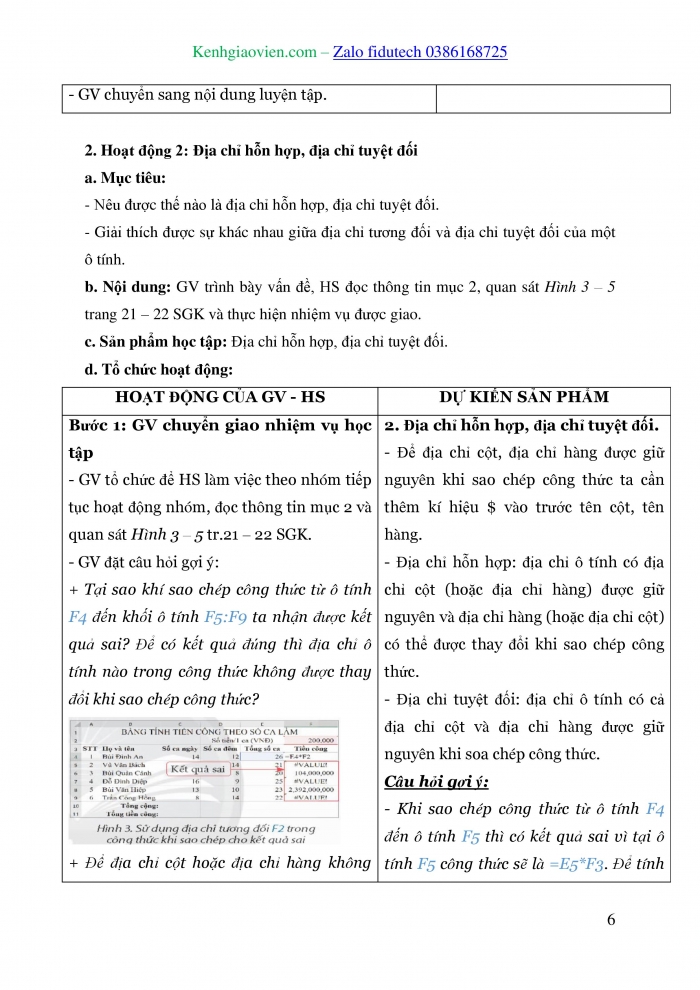 Giáo án và PPT Tin học 8 chân trời Bài 5: Sử dụng địa chỉ tương đối, tuyệt đối trong công thức