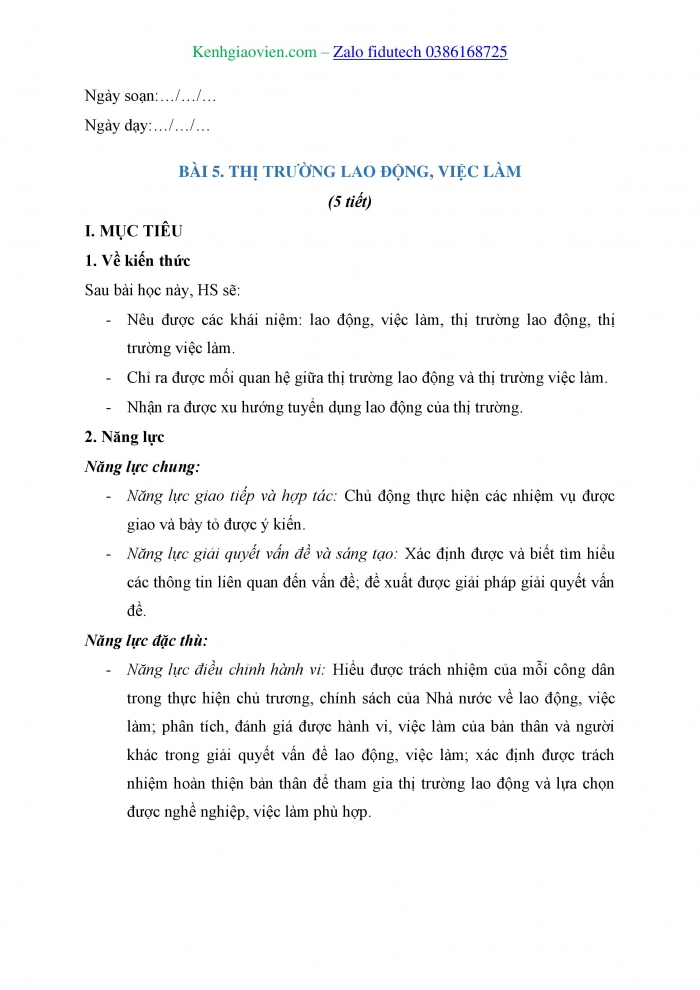 Giáo án và PPT Kinh tế pháp luật 11 chân trời Bài 5: Thị trường lao động, việc làm