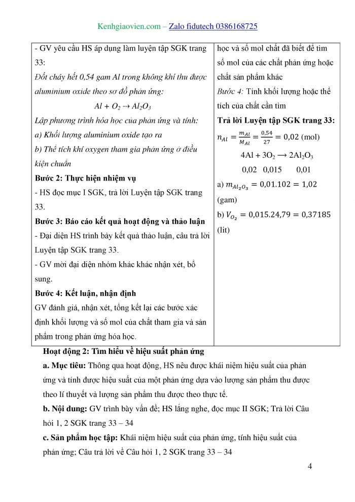 Giáo án và PPT KHTN 8 cánh diều Bài 5: Tính theo phương trình hoá học