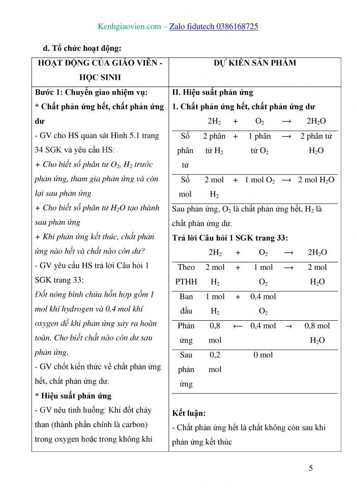 Giáo án và PPT KHTN 8 cánh diều Bài 5: Tính theo phương trình hoá học