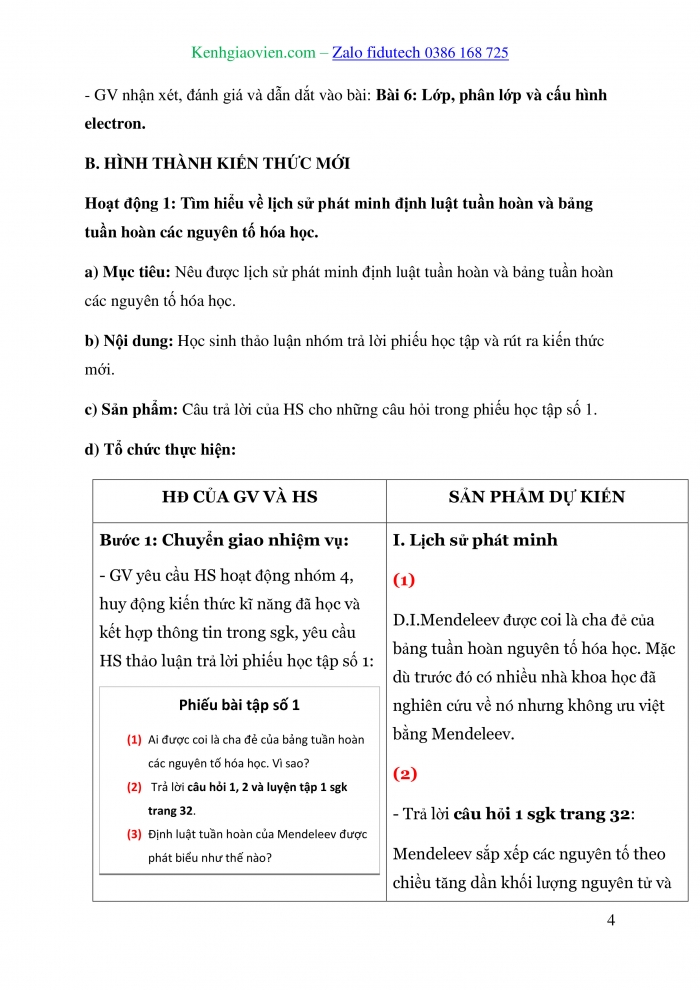 Giáo án và PPT Hoá học 10 cánh diều Bài 6: Cấu tạo của bảng tuần hoàn các nguyên tố hoá học