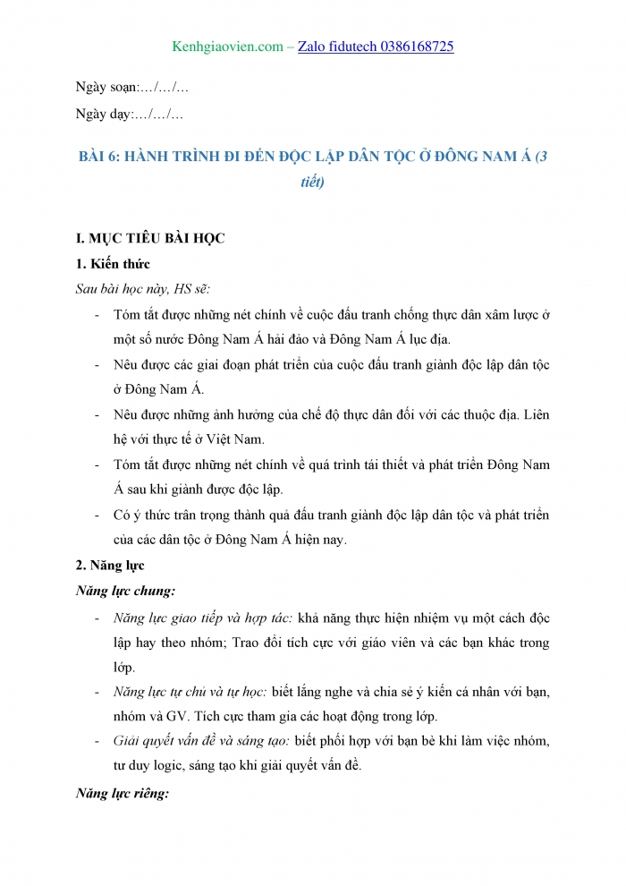 Giáo án và PPT Lịch sử 11 kết nối Bài 6: Hành trình đi đến độc lập dân tộc ở Đông Nam Á