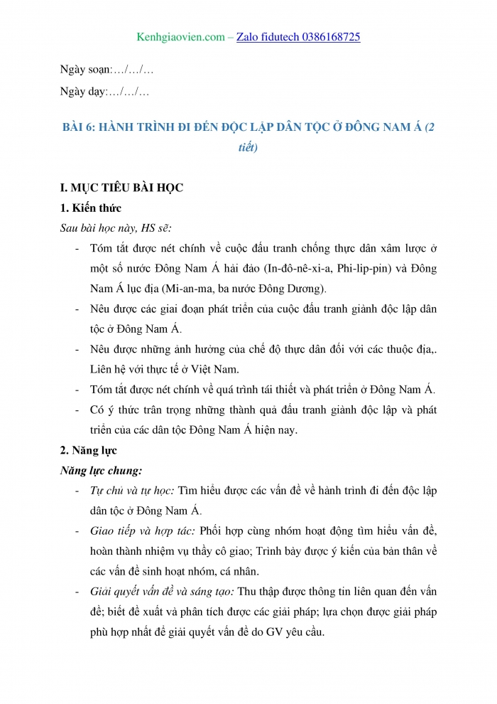 Giáo án và PPT Lịch sử 11 chân trời Bài 6: Hành trình đi đến độc lập dân tộc ở Đông Nam Á