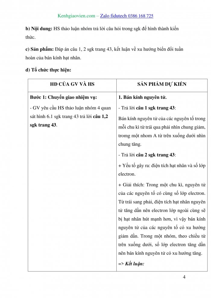 Giáo án và PPT Hoá học 10 chân trời Bài 6: Xu hướng biến đổi một số tính chất của nguyên tử các nguyên tố, thành phần và một số tính chất của hợp chất trong một chu kì và nhóm