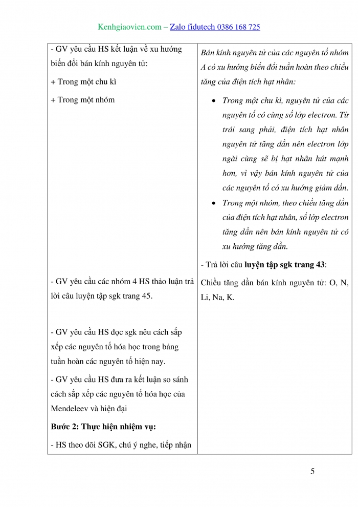 Giáo án và PPT Hoá học 10 chân trời Bài 6: Xu hướng biến đổi một số tính chất của nguyên tử các nguyên tố, thành phần và một số tính chất của hợp chất trong một chu kì và nhóm