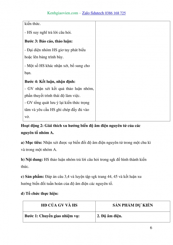 Giáo án và PPT Hoá học 10 chân trời Bài 6: Xu hướng biến đổi một số tính chất của nguyên tử các nguyên tố, thành phần và một số tính chất của hợp chất trong một chu kì và nhóm