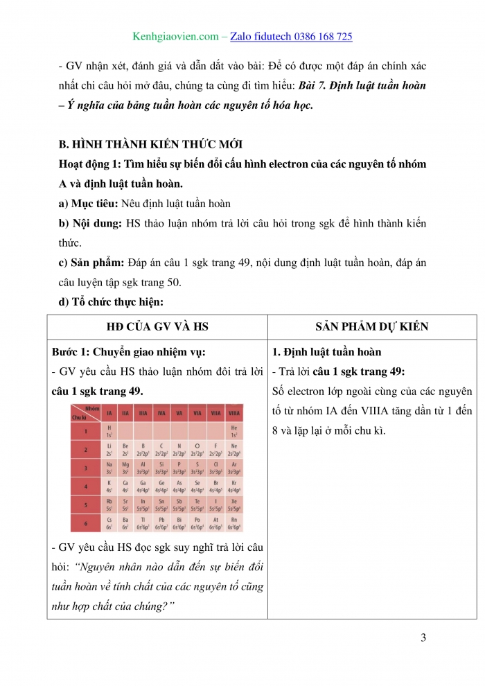 Giáo án và PPT Hoá học 10 chân trời Bài 7: Định luật tuần hoàn – Ý nghĩa của bảng tuần hoàn các nguyên tố hoá học