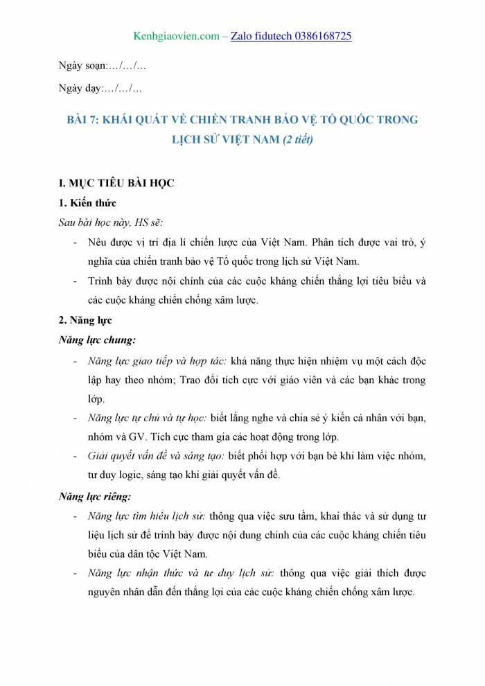 Giáo án và PPT Lịch sử 11 kết nối Bài 7: Khái quát về chiến tranh bảo vệ Tổ quốc trong lịch sử Việt Nam