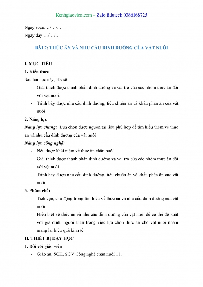 Giáo án và PPT Công nghệ chăn nuôi 11 kết nối Bài 7: Thức ăn và nhu cầu dinh dưỡng của vật nuôi