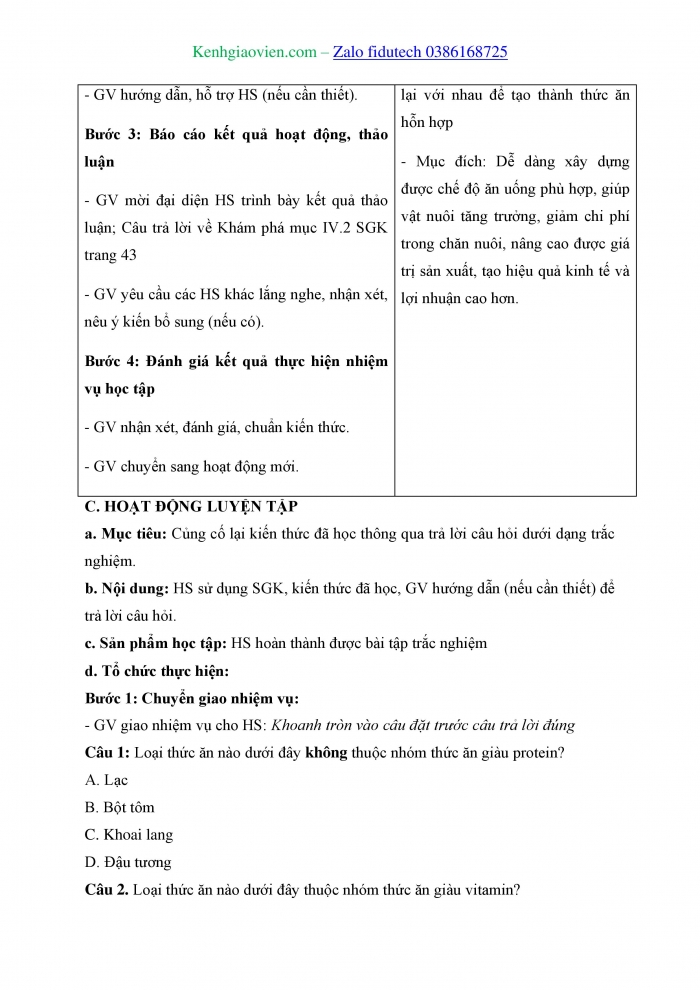 Giáo án và PPT Công nghệ chăn nuôi 11 kết nối Bài 7: Thức ăn và nhu cầu dinh dưỡng của vật nuôi