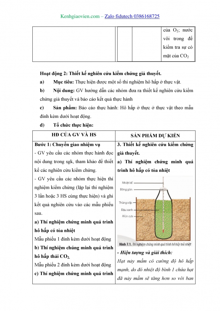 Giáo án và PPT Sinh học 11 chân trời Bài 7: Thực hành Một số thí nghiệm về hô hấp ở thực vật