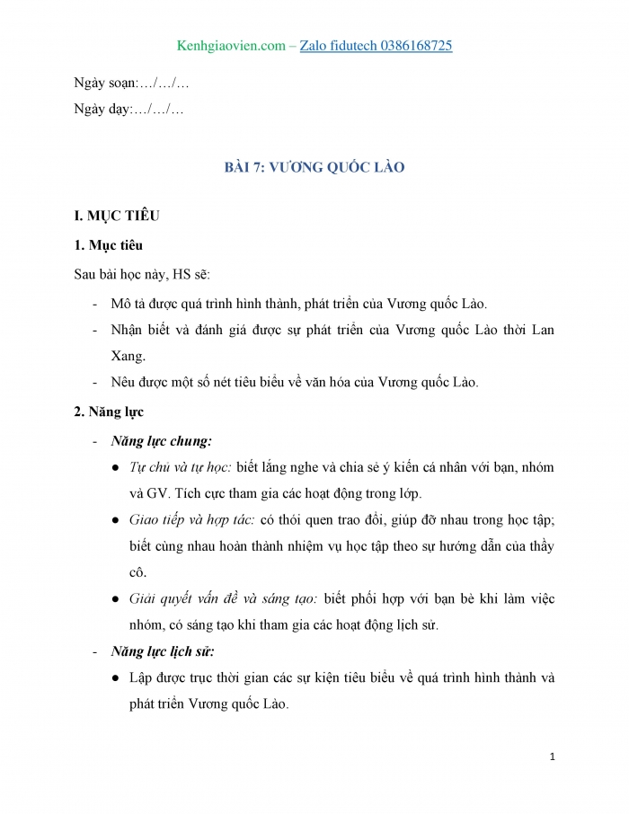 Giáo án và PPT Lịch sử 7 kết nối Bài 7: Vương quốc Lào