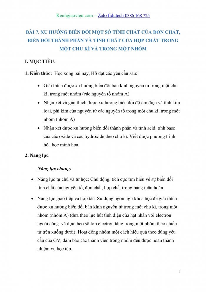 Giáo án và PPT Hoá học 10 cánh diều Bài 7: Xu hướng biến đổi một số tính chất của đơn chất, biến đổi thành phần và tính chất của hợp chất trong một chu kì và trong một nhóm