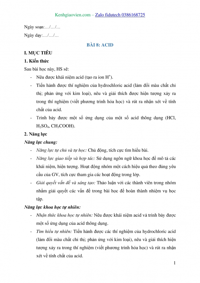 Giáo án và PPT KHTN 8 cánh diều Bài 8: Acid